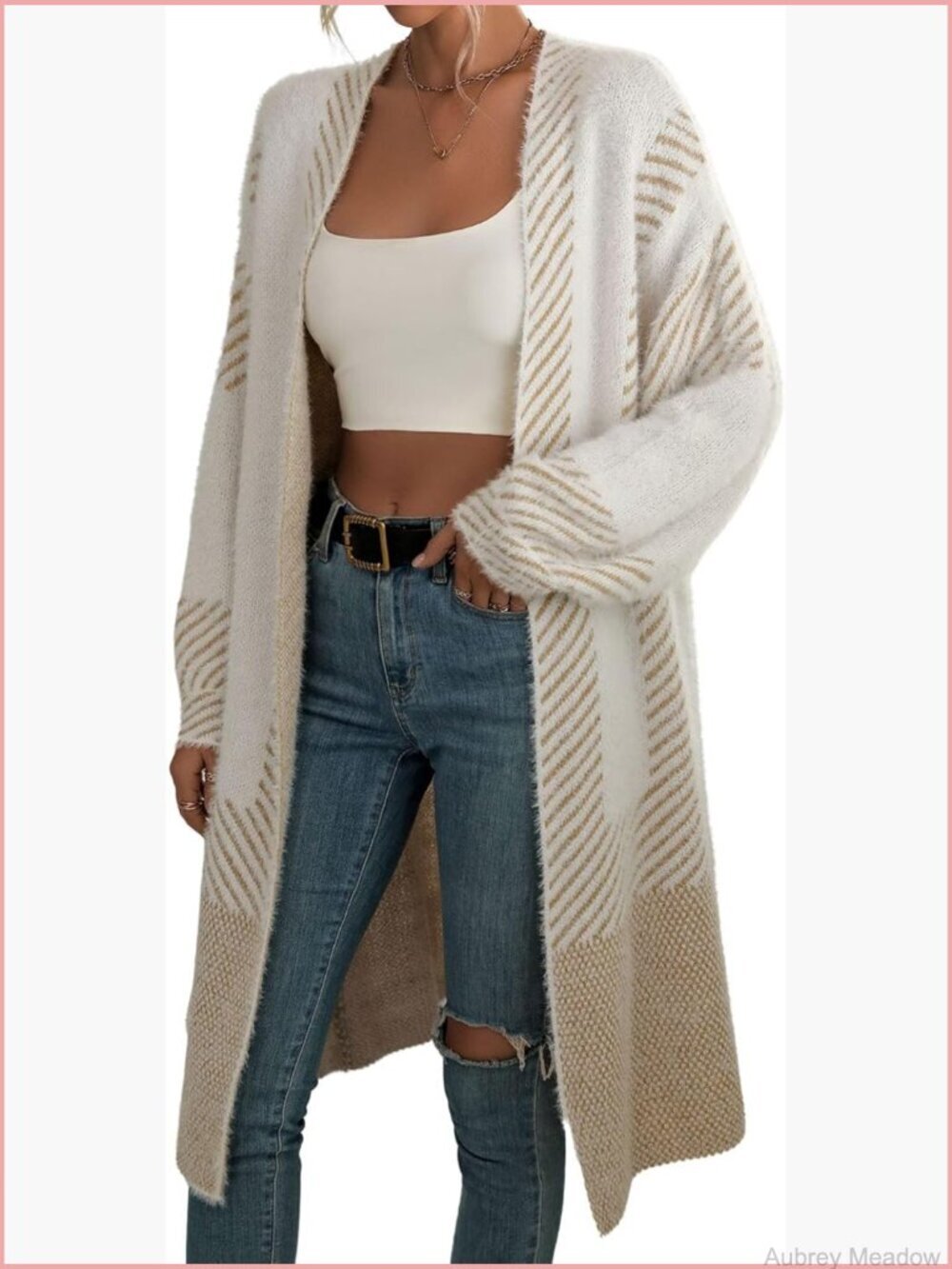 Fuzzy Open Front Long Cardigan Sweater with Diagonal Stripes